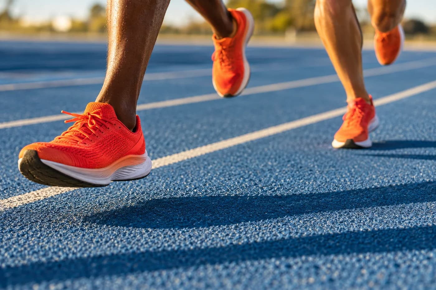Orange running shoes suspended above a blue track